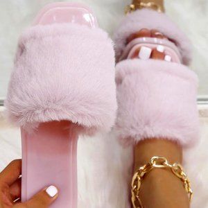 Women's Flats Open Toe Pink Fur Slides size 9